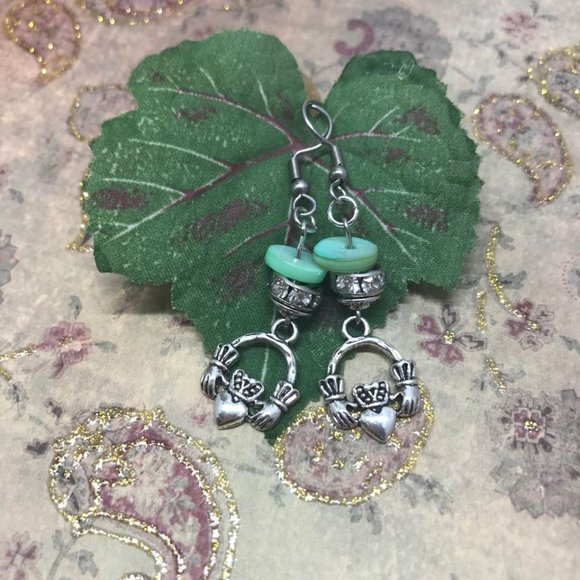 Claddagh Hook Earrings Green Mother of Pearl Shell - Picture 4 of 9